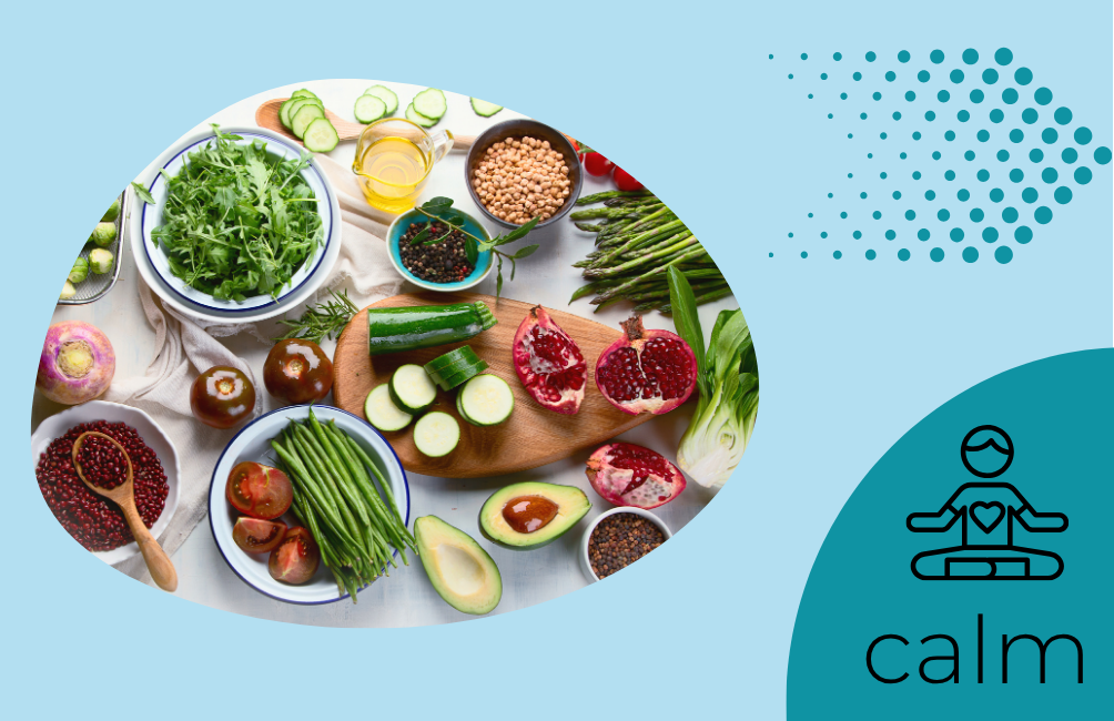 Infographic states calm with animated picture of person sitting with a heart on their chest area. Picture of an arrow. Picture of fruit and vegetables on plates.